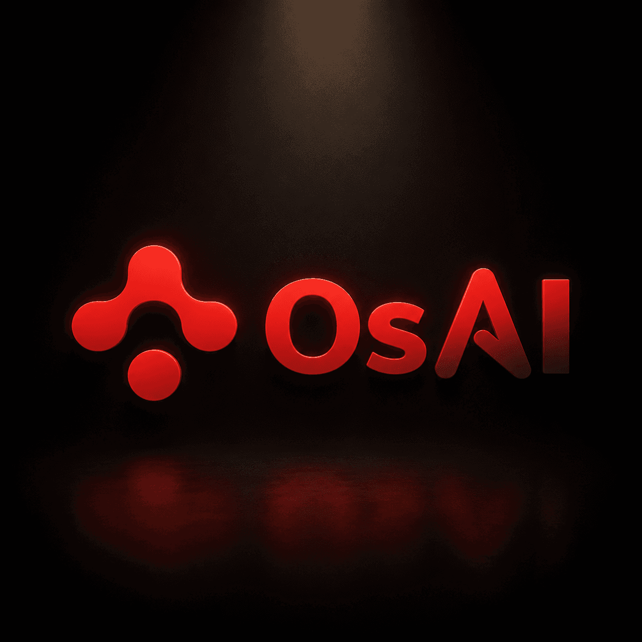 Finales OsAI-Logo: rotes Zeichen mit dunkler Wortmarke, cinematisch in Szene gesetzt.