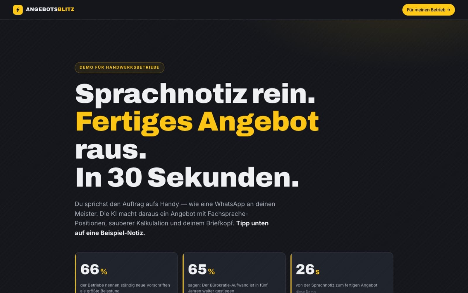 Startbildschirm von Angebots-Blitz, einer eigenen OsAI-Anwendung