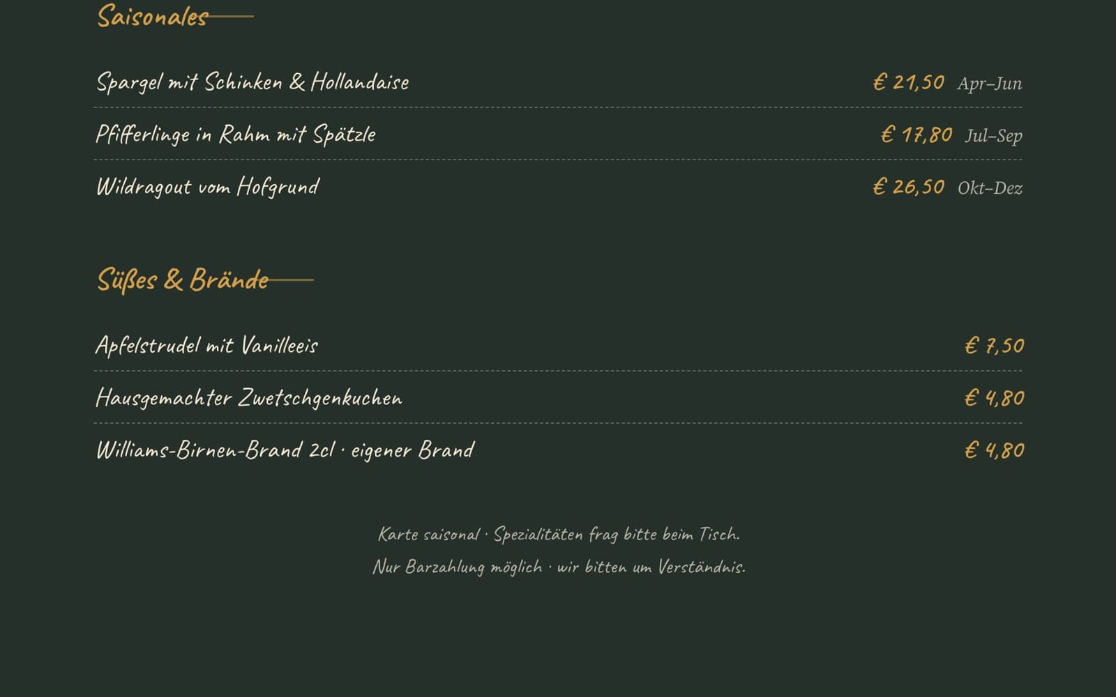 Section of an inn website: seasonal dishes and desserts in chalk lettering on a dark background