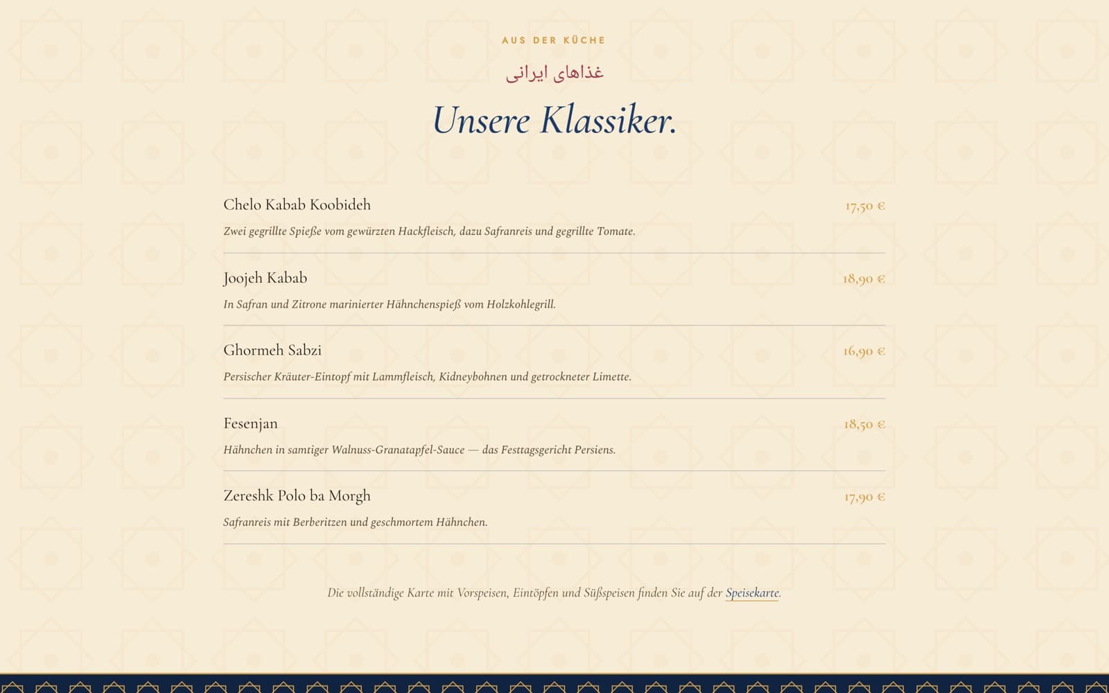 Section of a restaurant website: Persian classics in front of an oriental pattern