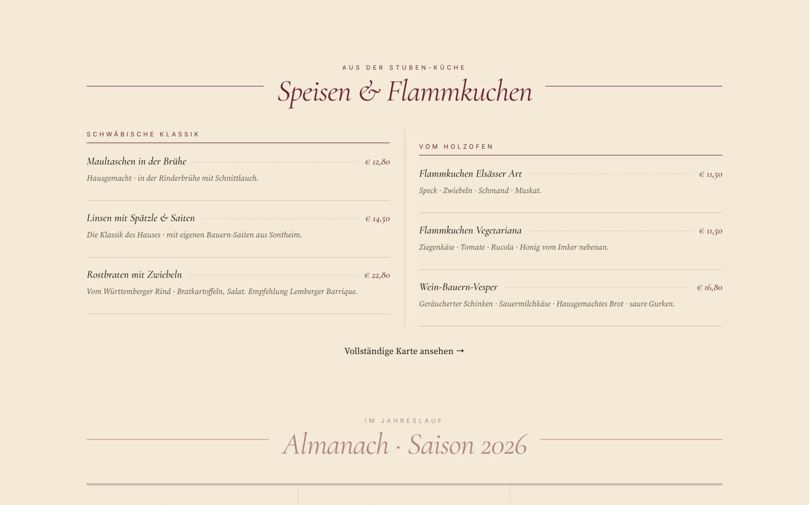Section of a wine tavern website: menu with tarte flambée and an annual calendar in elegant type