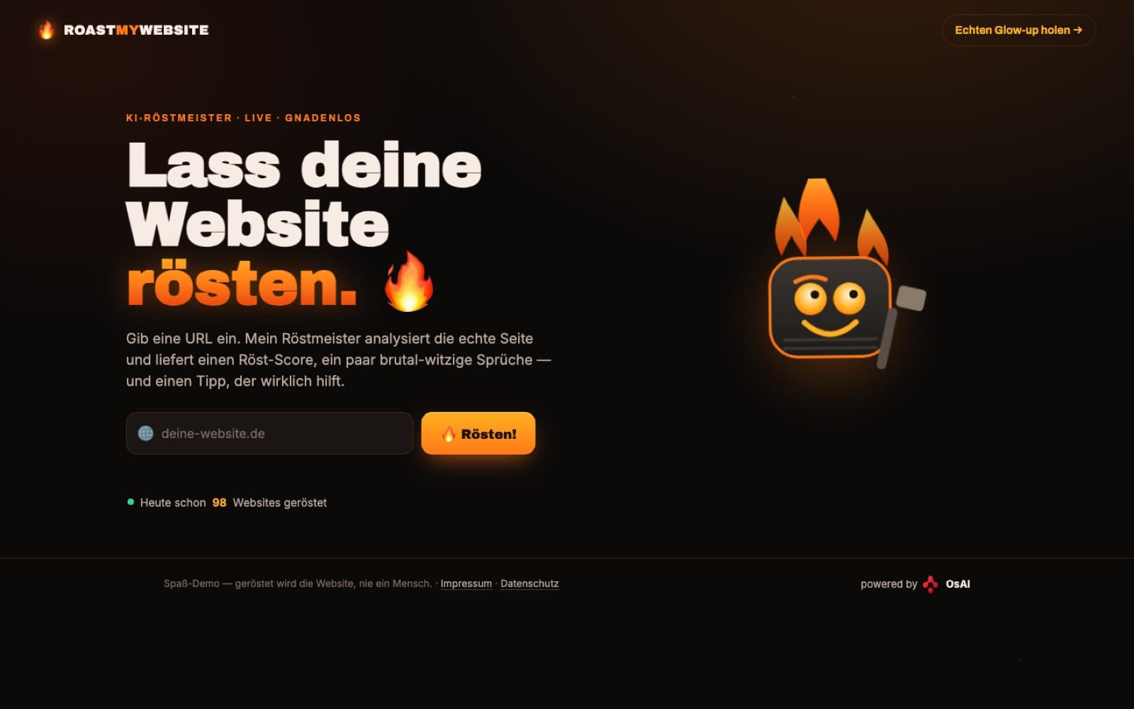 Startbildschirm von Roast My Website, einer eigenen OsAI-Anwendung