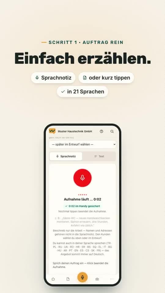 Ausschnitt aus dem Werksbüro-Film: Auftrag einsprechen, Angebot entsteht in der App
