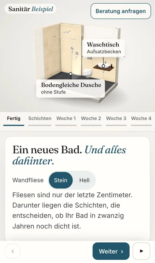 Fertige Explosionsansicht am Handy mit Kapiteln und Wahl der Wandfliese