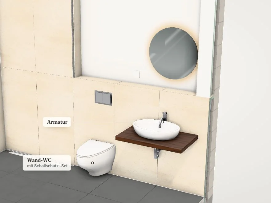 Bad-Ecke im 3D-Modell mit Beschriftungen für Armatur und Wand-WC
