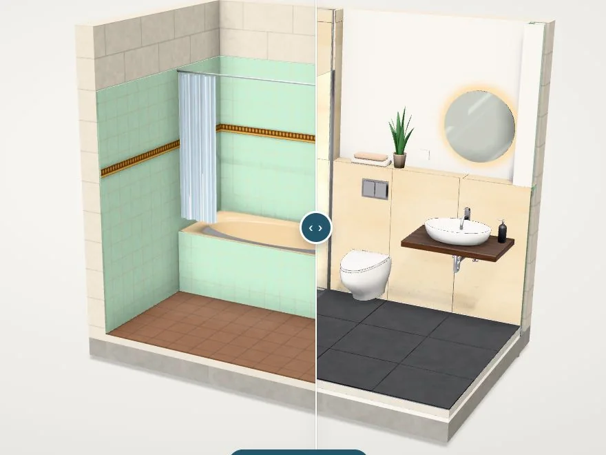 Geteiltes Bild: links das alte Bad mit Wanne, rechts das neue Bad mit Dusche, dazwischen ein Regler