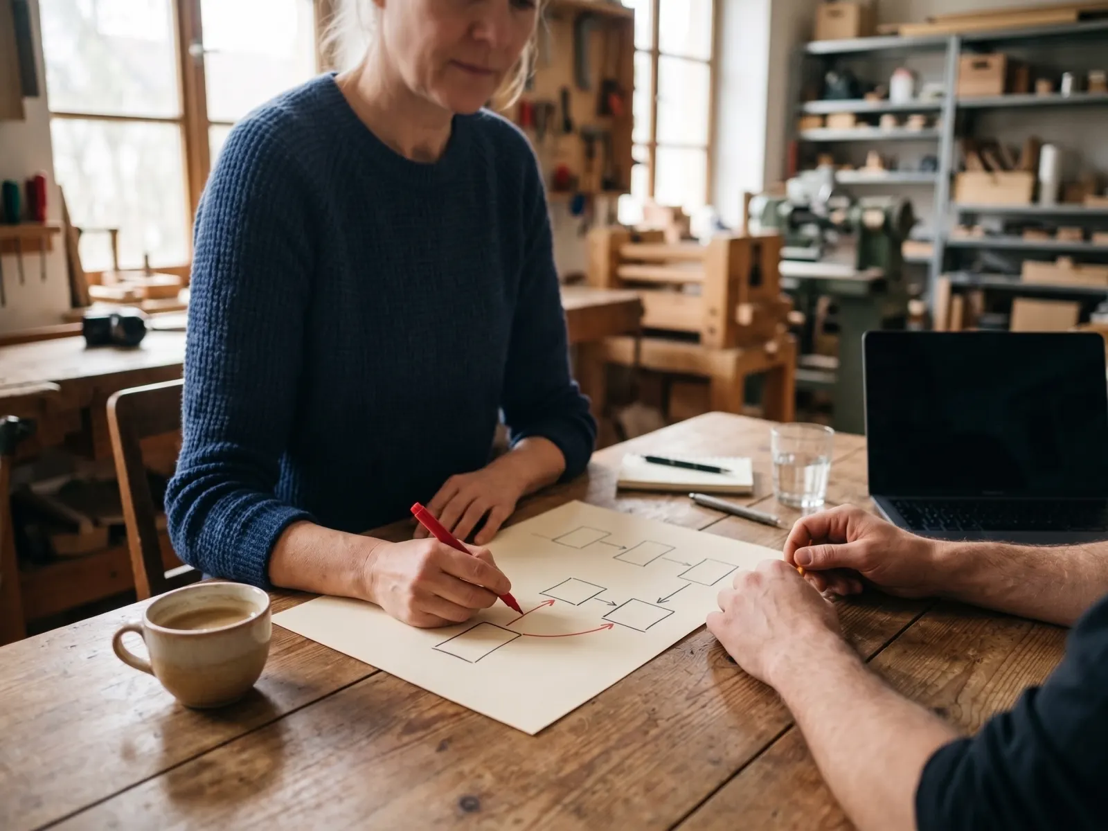 Small business owner sketching a workflow on paper with a red pen