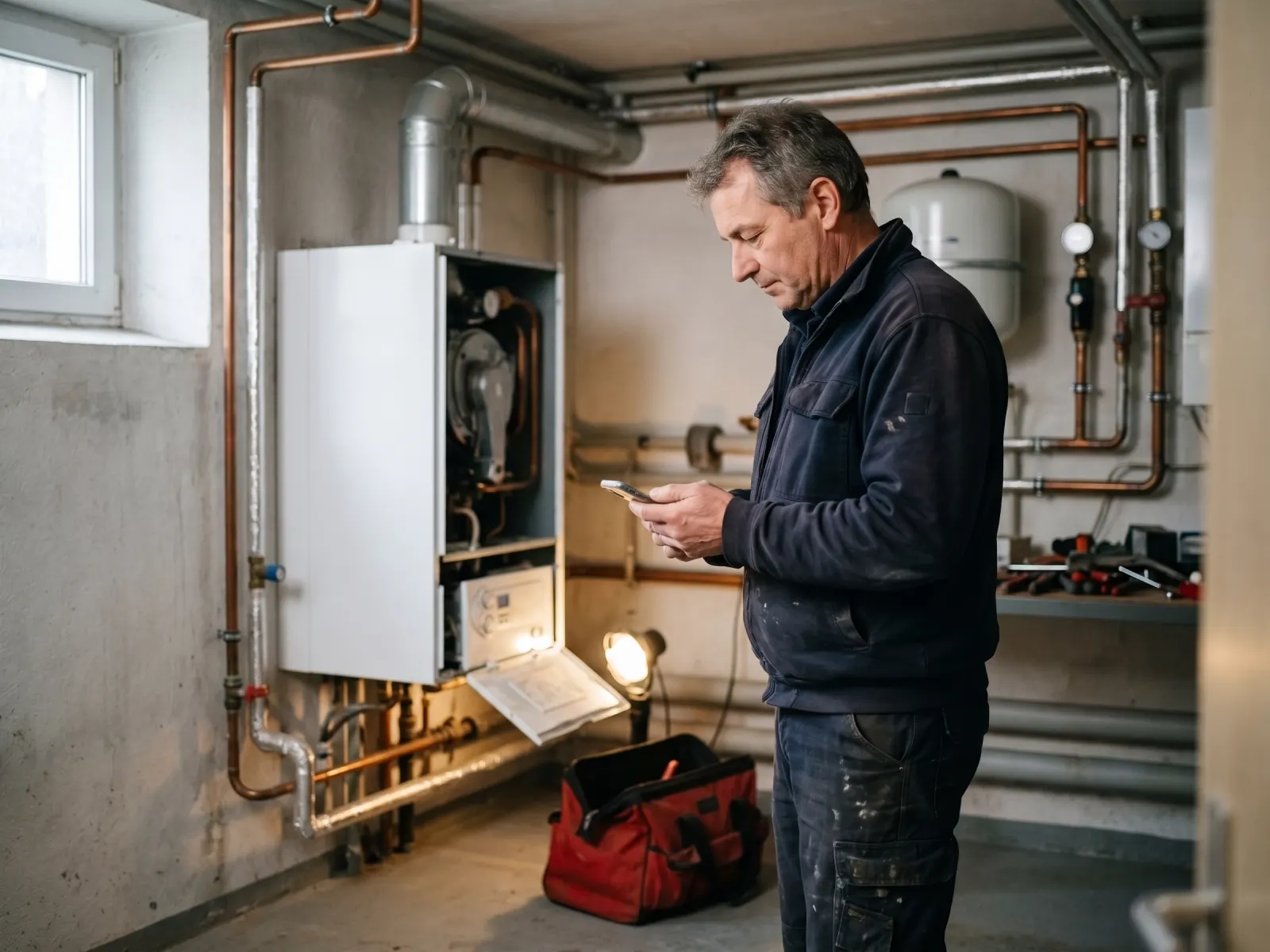 Heating engineer in a customer's boiler room checking a prepared message on his phone