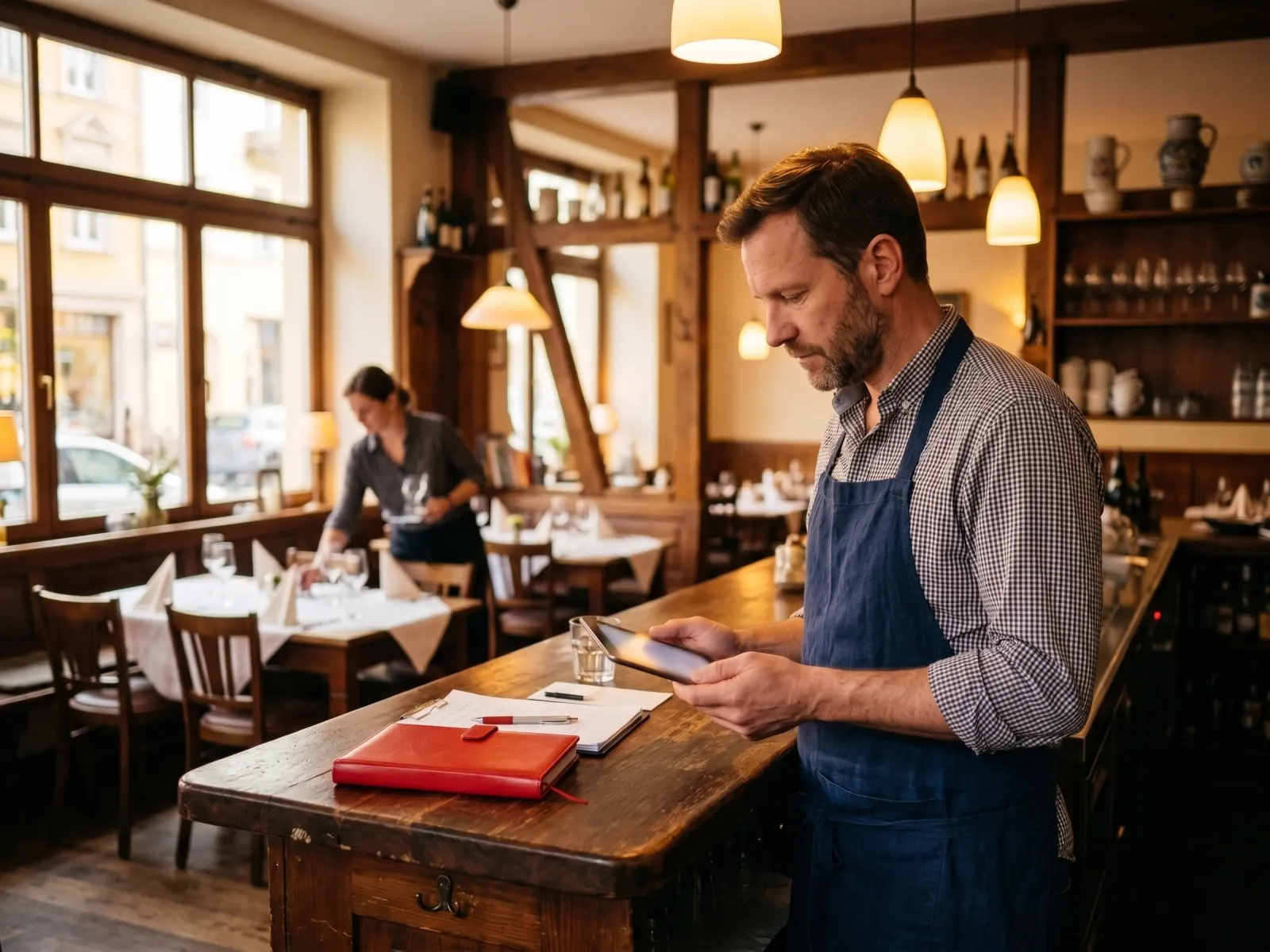 A restaurant owner at the bar shortly before opening, with a tablet and a red reservation book, tables being set in the background