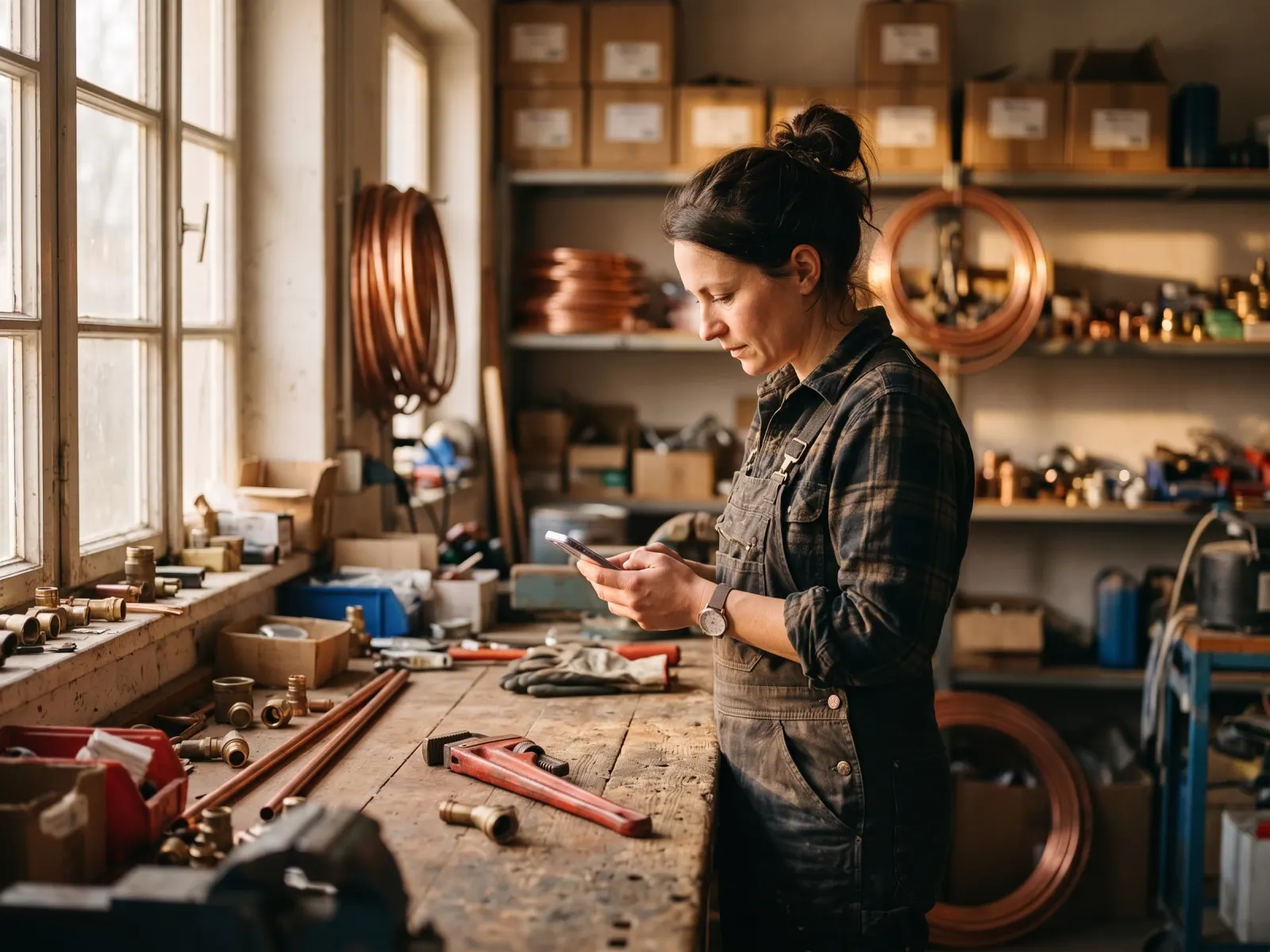 A plumber in her workshop in the late afternoon, phone in hand at the workbench, a red pipe wrench beside her