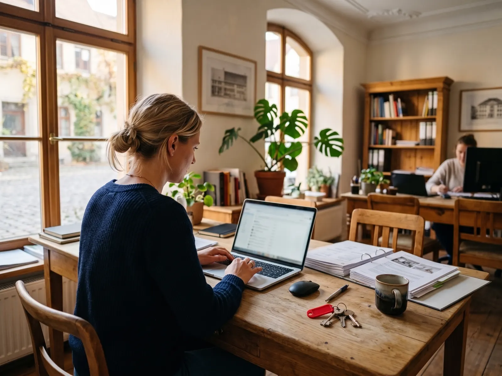 An estate agent at a bright desk with a laptop, a property brochure and a key ring with a red tag
