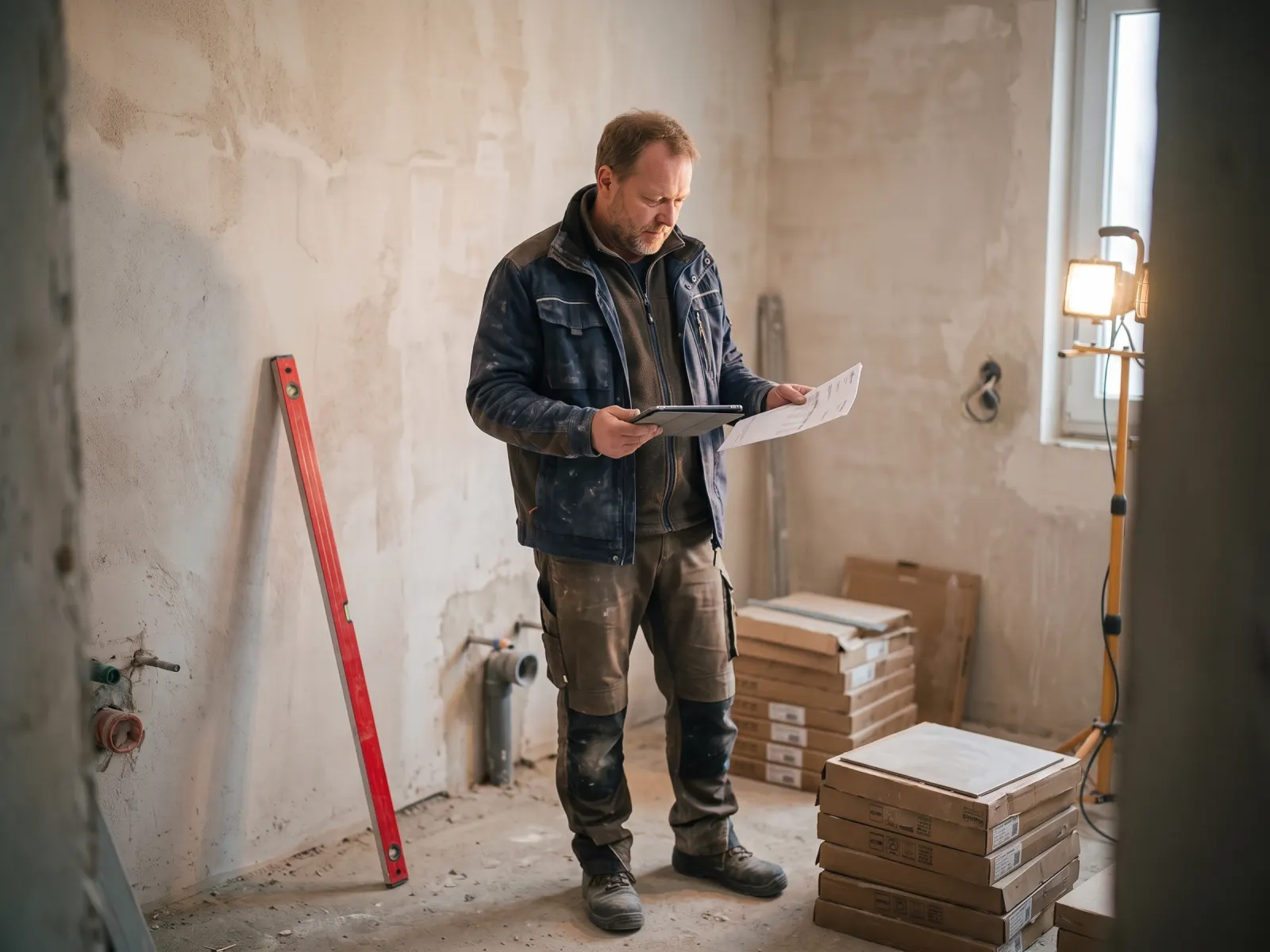A site manager in a bathroom under construction, holding a tablet and a delivery note, a red spirit level on the wall