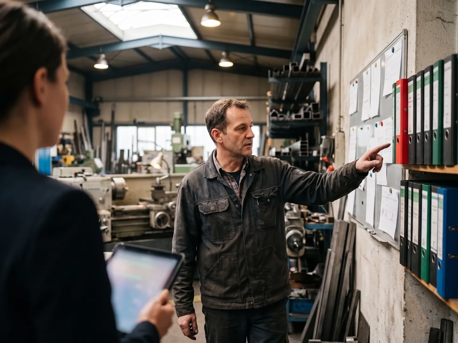 Metal workshop owner showing where paperwork piles up today during an AI consulting visit