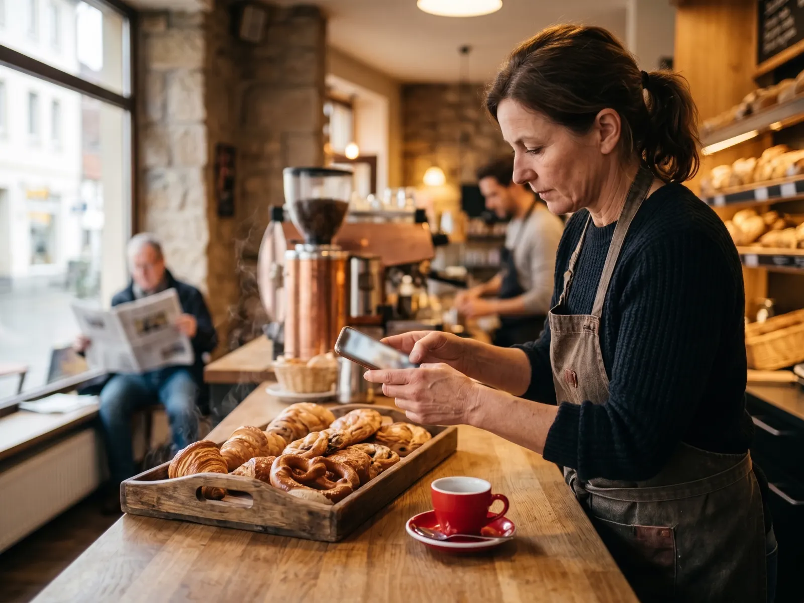 Café-Inhaberin fotografiert am Tresen frisches Gebäck mit dem Handy