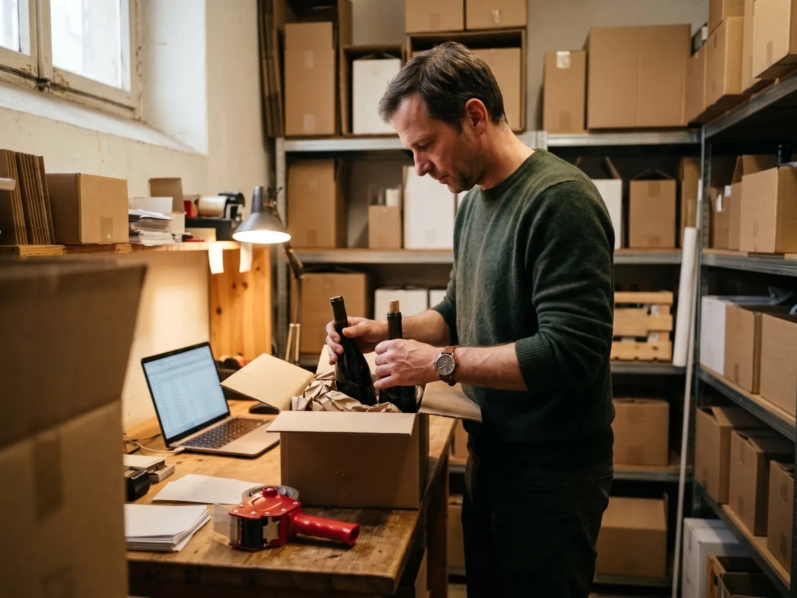 Inhaber einer kleinen Weinhandlung packt im Lager eine Bestellung für den Versand