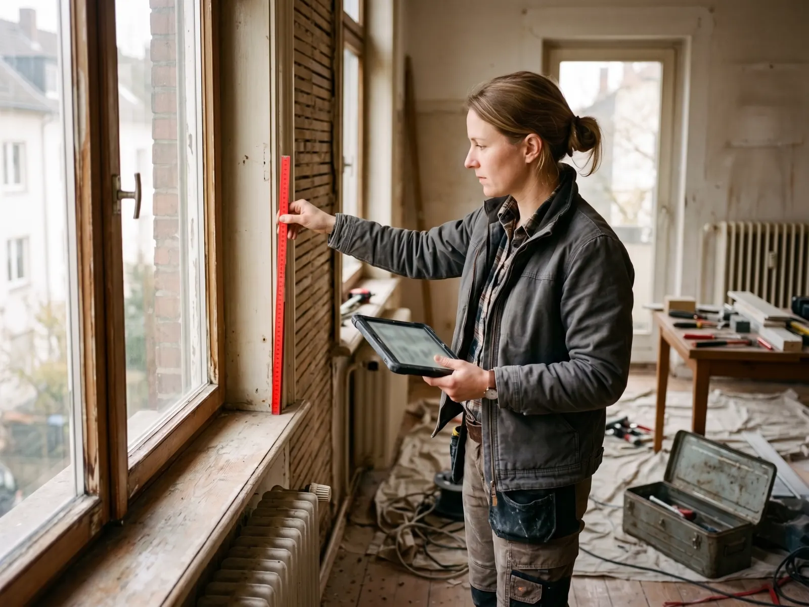 Carpenter measuring a window recess and entering the measurements on a tablet
