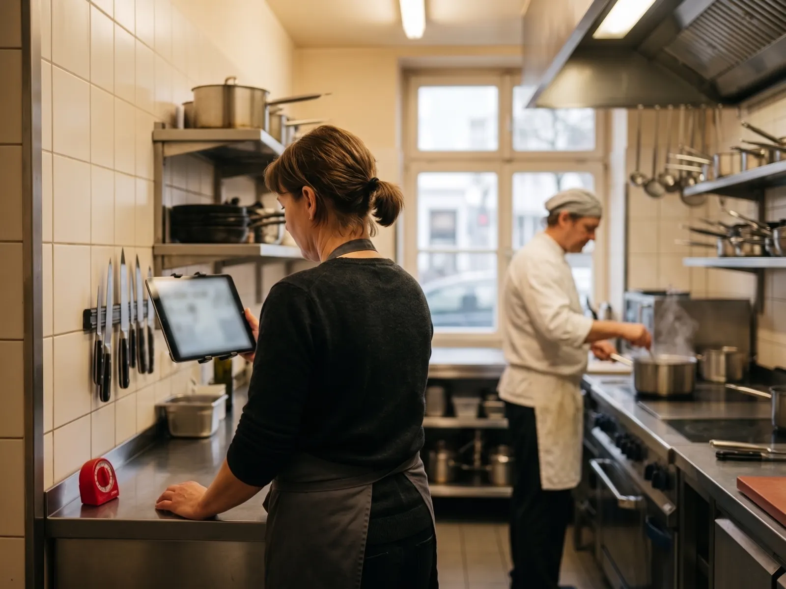Restaurant manager checking the staff rota on a tablet in the kitchen before service