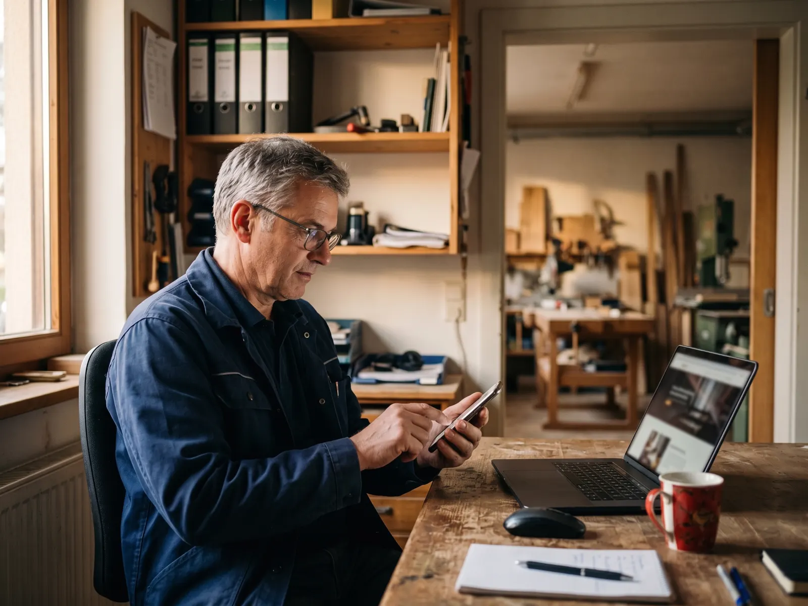 Master carpenter reviewing the draft of his new website in the office next to his workshop